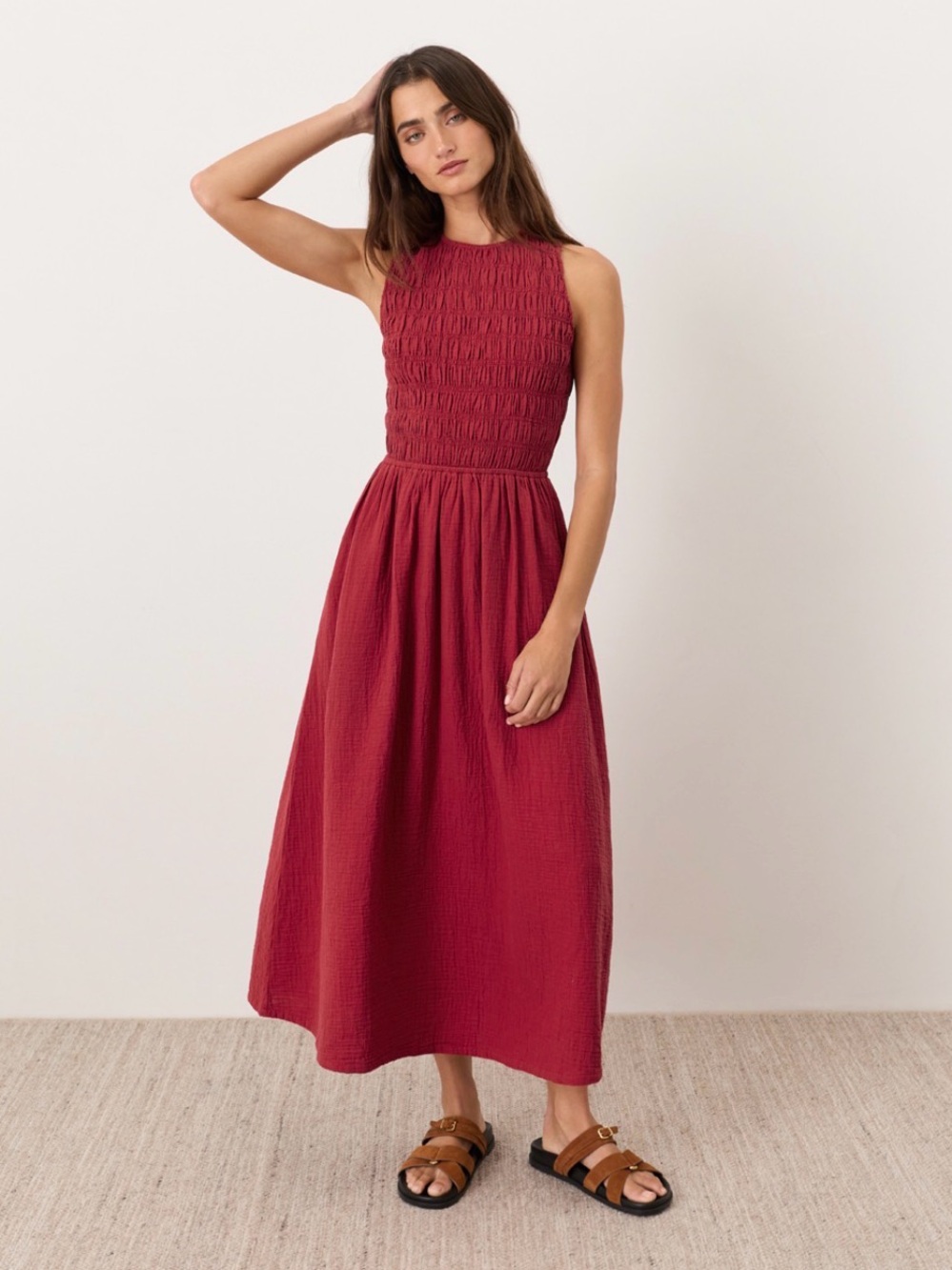 ISO PACT Smocked Gauze Midi Dress in Red Size Medium